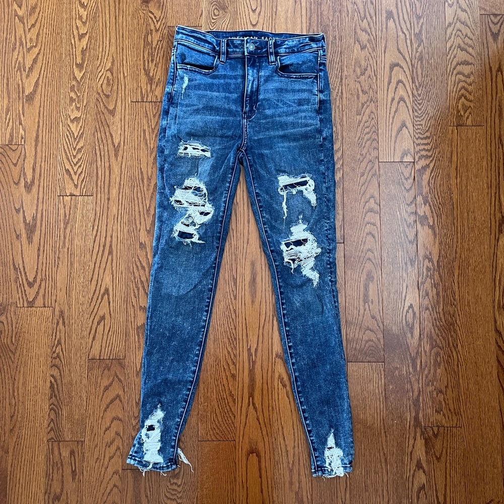 American Eagle Outfitters Distressed Skinny Jeans - Dark Blue